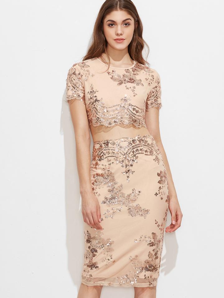 Shein Embroidered Sequin Crop Top With Zipper Back Pencil Skirt