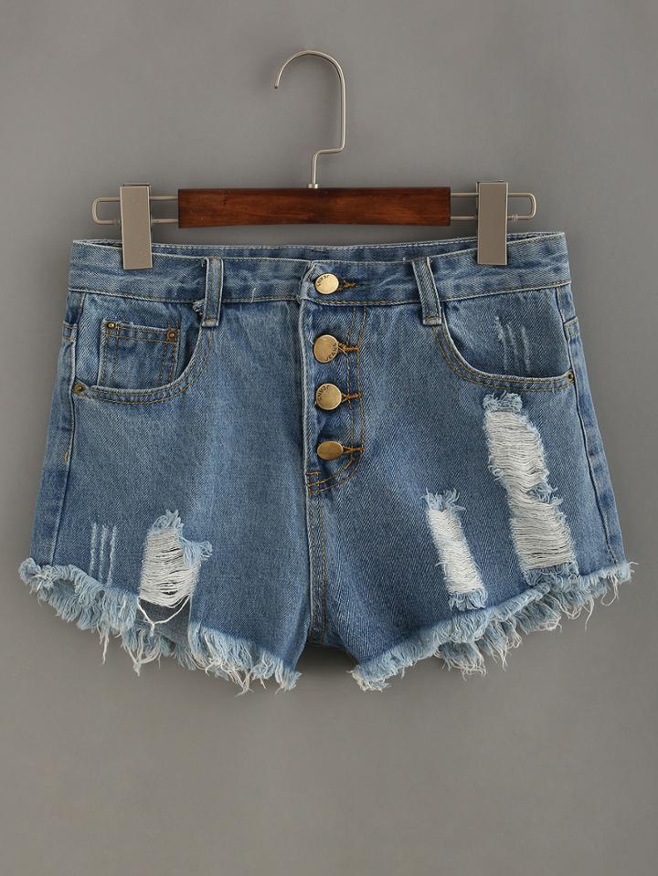 Shein Frayed Buttoned Fly Light Blue Denim Shorts