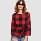 Shein Self Belted Checkered Blouse
