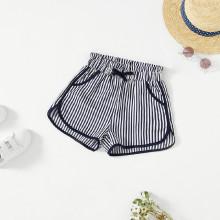 Shein Girls Binding Detail Drawstring Waist Striped Shorts