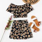 Shein Daisy Print Flounce Bardot Top & Skirt Set