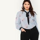Shein Plus Contrast Tie Neck Striped & Floral Top