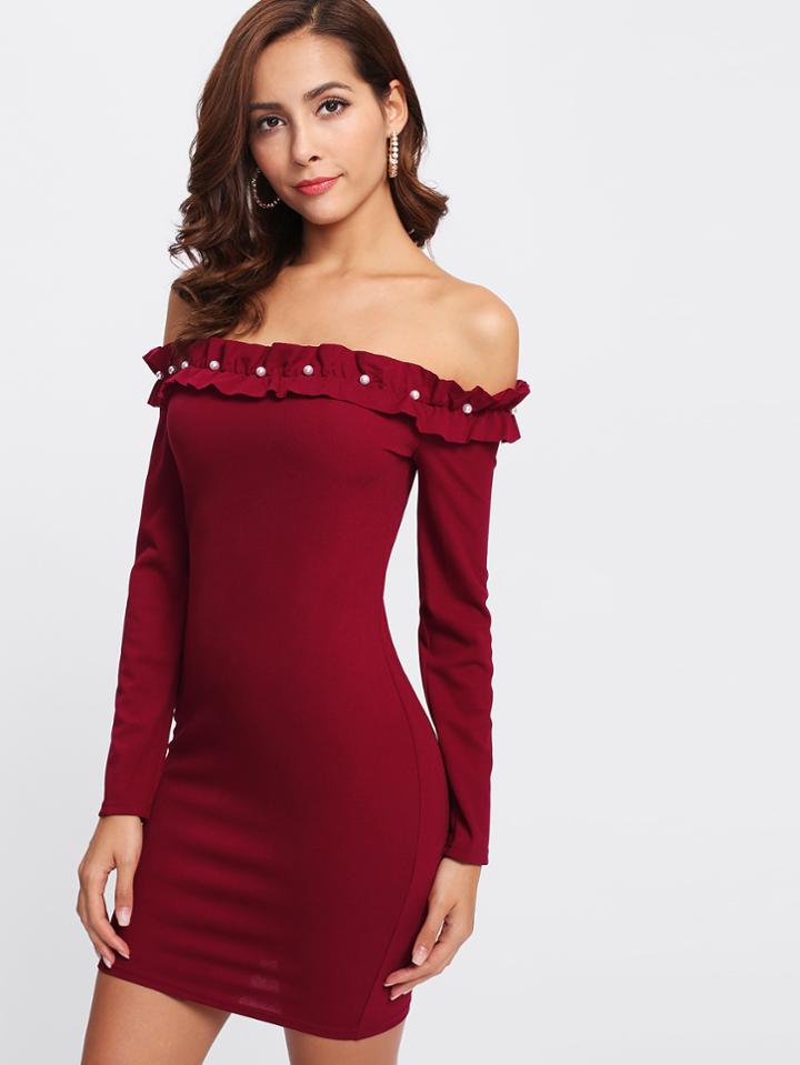 Shein Pearl Frilled Detail Bardot Form Fitting Dress