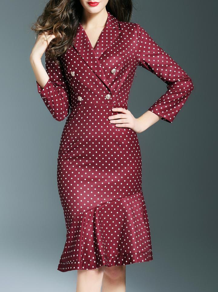 Shein Red V Neck Polka Dot Fishtail Dress