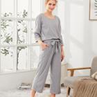 Shein Lace Trim Tee & Tie Waist Pants Pj Set