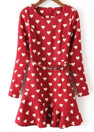 Rosewe Comfy Long Sleeve Hearts Print A Line Dress