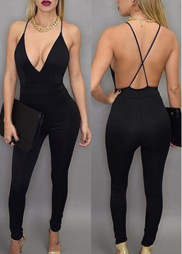 Rosewe Deep V Neck Black Backless Sheath Jumpsuit