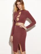 Shein Burgundy Criss Cross Open Keyhole Back Ribbed T-shirt