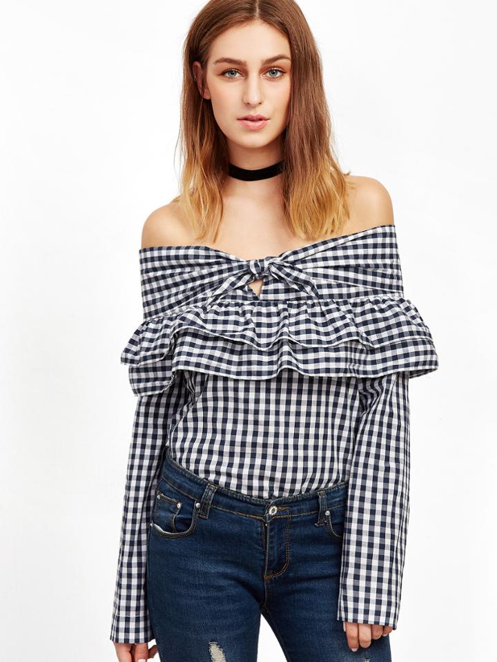 Shein Gingham Layered Ruffle Knotted Bardot Top