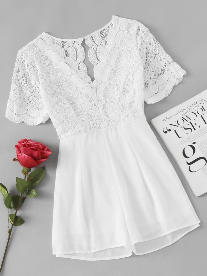 Shein Lace Panel Scalloped Trim Open Back Romper