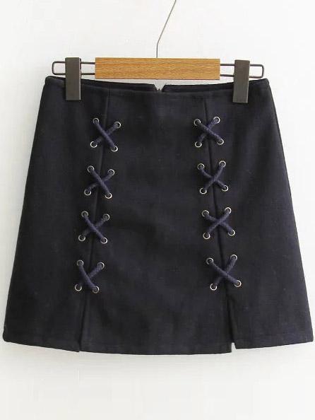 Shein Navy Lace Up Detail Back Zipper Skirt