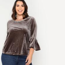 Shein Plus Ruffle Sleeve Pearl Embellished Velvet Top