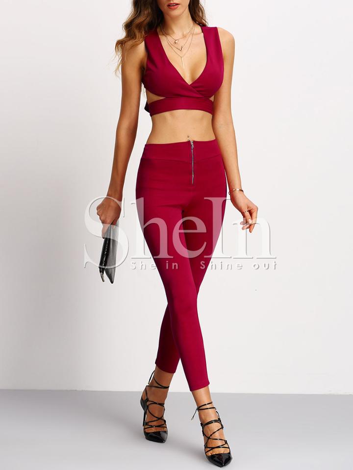 Shein Burgundy V Neck Self-tie Back Crop Top With Pants
