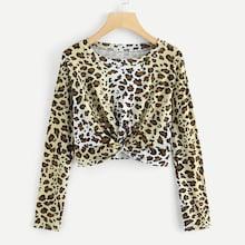 Shein Leopard Twist Front Crop Tee