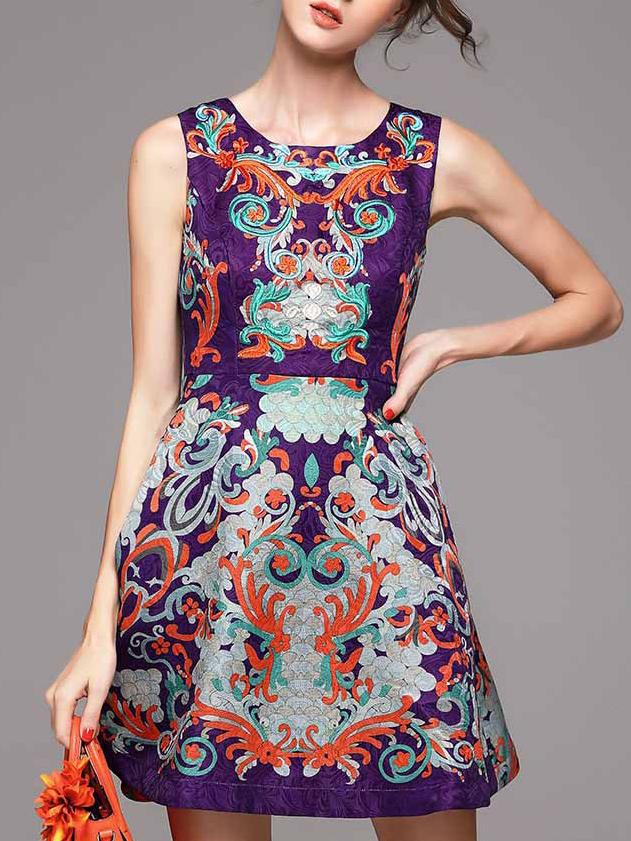 Shein Purple Round Neck Sleeveless Jacquard Pockets Dress