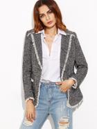 Shein Tweed Blazer With Contrast Fringe Trim
