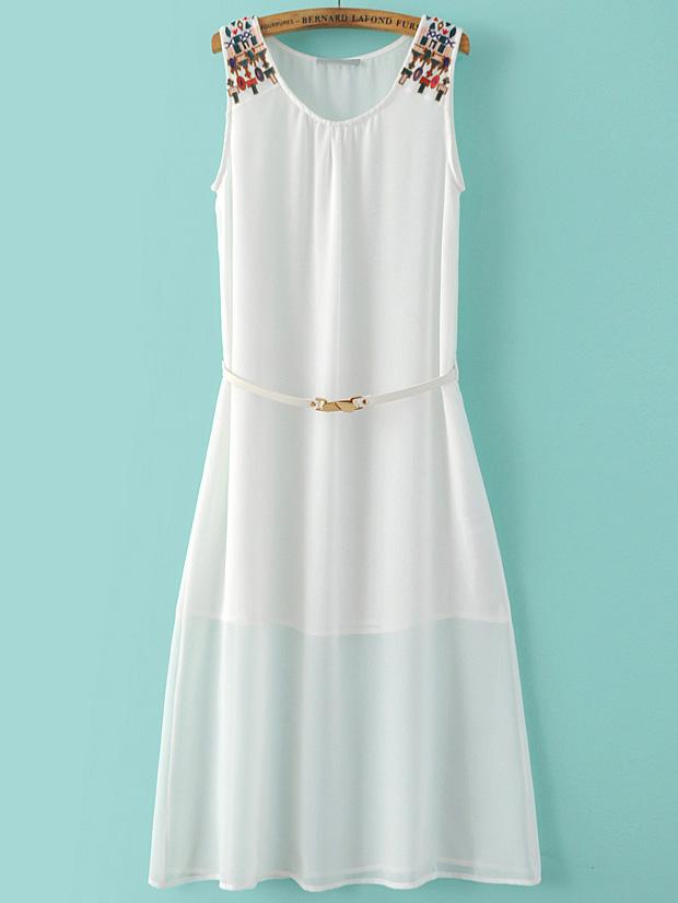 Shein White Embroidered Sleeveless Dress With Belt