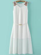 Shein White Embroidered Sleeveless Dress With Belt