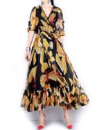Shein Black V Neck Sheer Tie-waist Print Maxi Dress