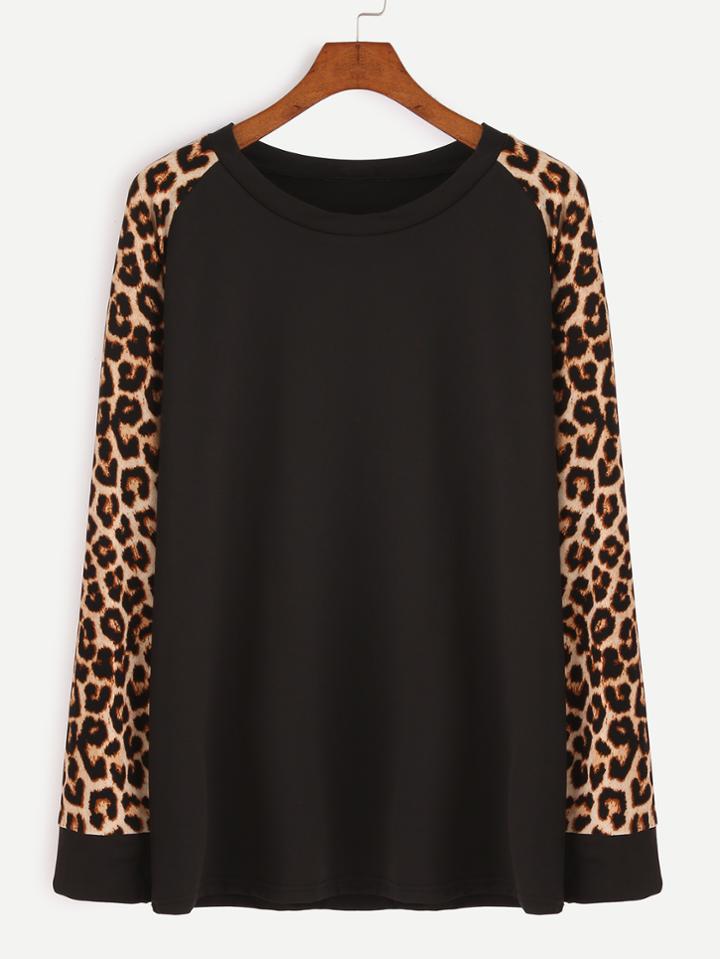 Shein Contrast Leopard Print Raglan Sleeve T-shirt