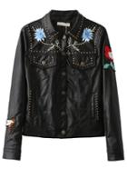 Shein Black Embroidered Studded Embellished Pu Jacket