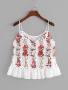 Shein Blossom Embroidery Tulle Overlay Ruffle Cami Top