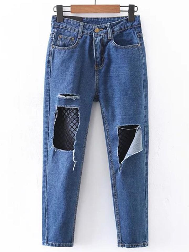 Shein Contrast Mesh Ripped Detail Jeans