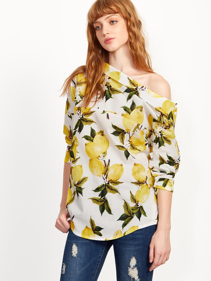 Shein Lemon Print One Shoulder Button Top