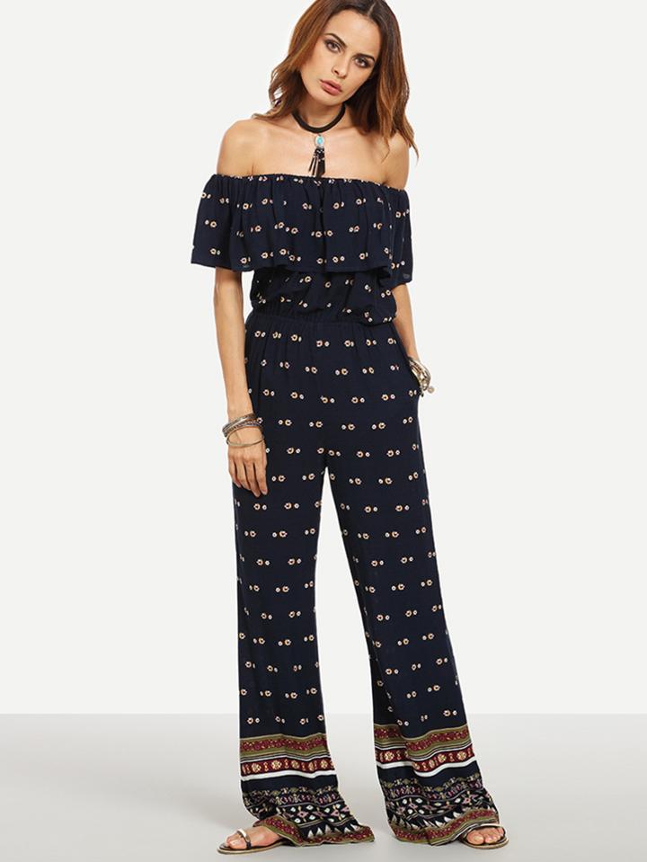 Shein Vintage Print Ruffle Off The Shoulder Pocket Jumpsuit
