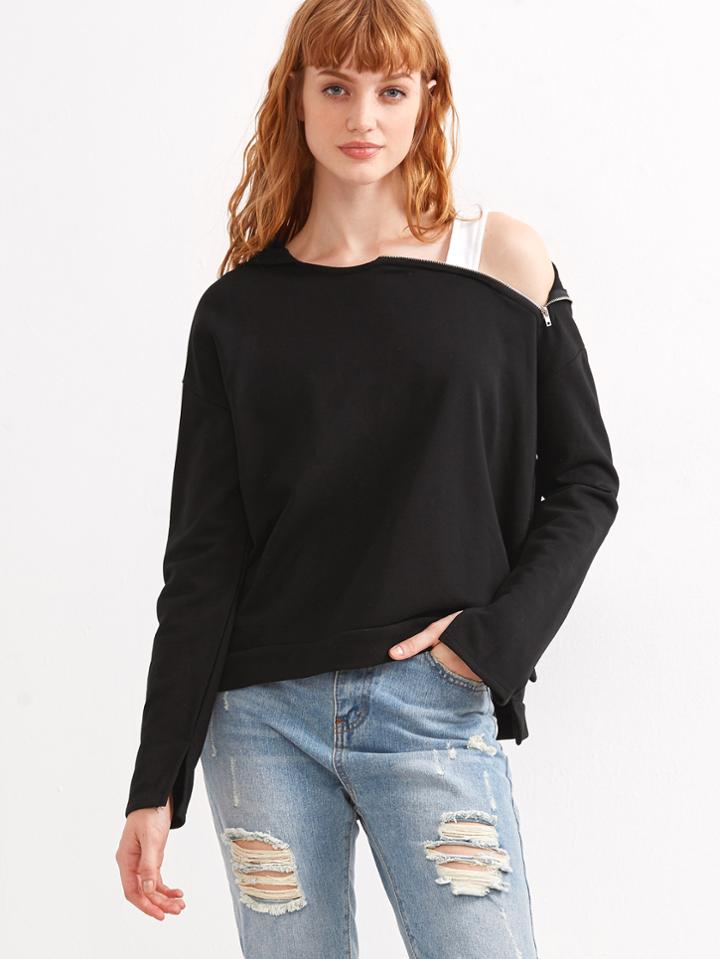 Shein Black Slit Side Dip Hem Zipper Hooded Sweatshirt