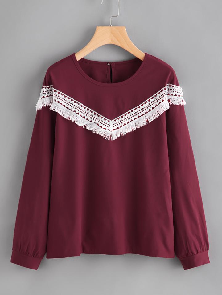 Shein Contrast Crochet Fringe Trim Blouse