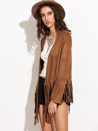 Shein Brown Faux Suede Open Front Fringe Jacket