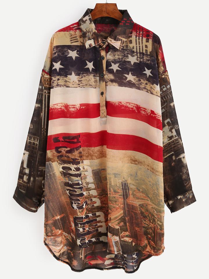 Shein Multicolor City View Print Blouse