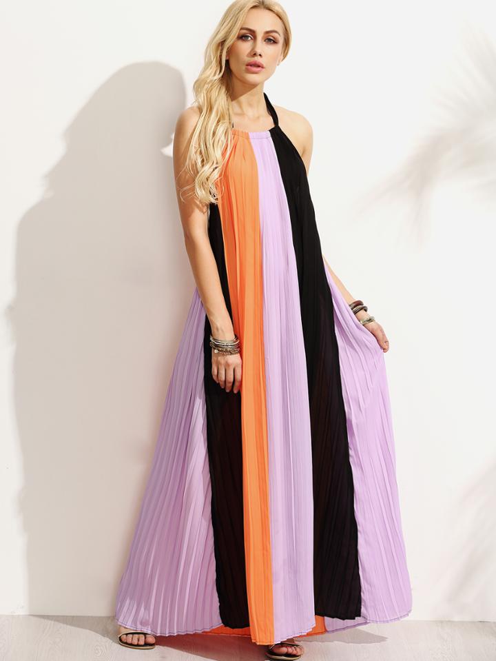 Shein Colorblock Halter Backless Maxi Dress