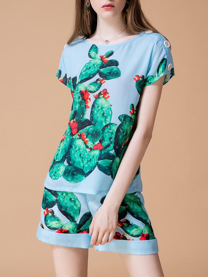 Shein Cactus Print Top With Pockets Shorts