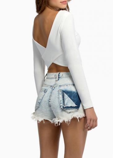 Rosewe Hollow Back Solid White Crop T Shirt