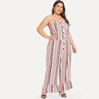 Shein Plus Button Front Ruffle Hem Striped Cami Jumpsuit