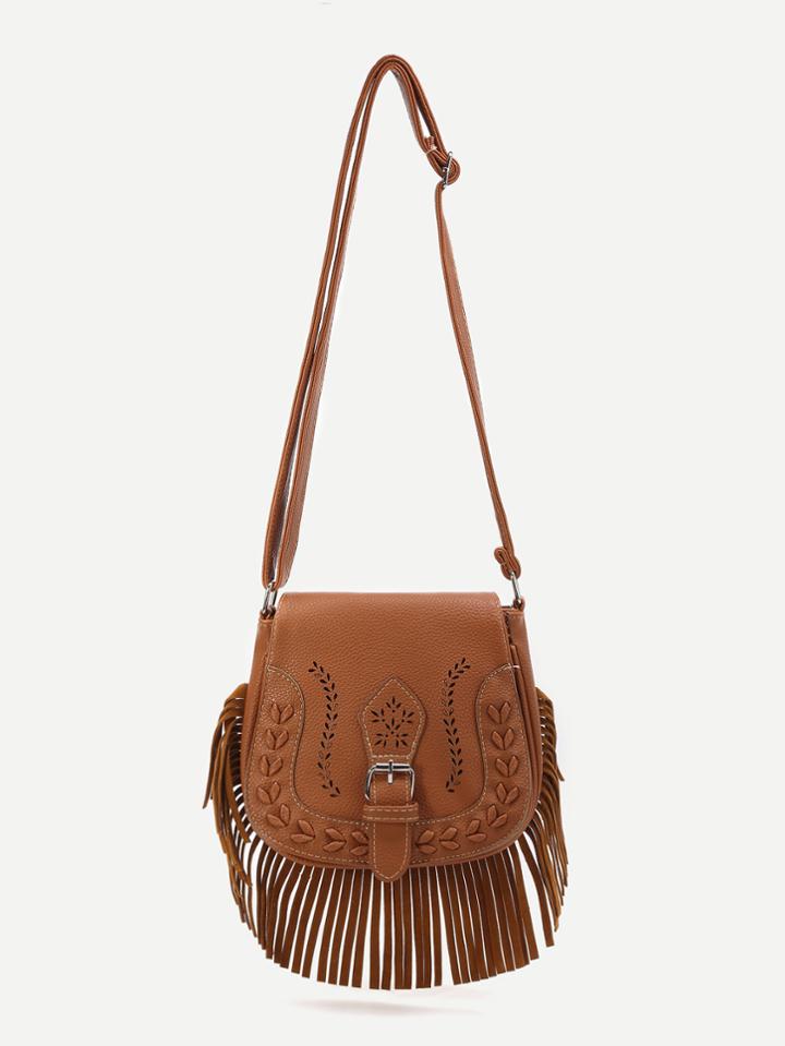 Shein Brown Fringe Hem Buckle Pu Shoulder Bag