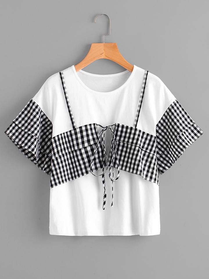 Shein Contrast Checkered Lace Up Detail Layered Sleeve Tee