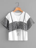 Shein Contrast Checkered Lace Up Detail Layered Sleeve Tee