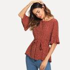 Shein Tie Waist Ruffle Hem Dot Print Blouse