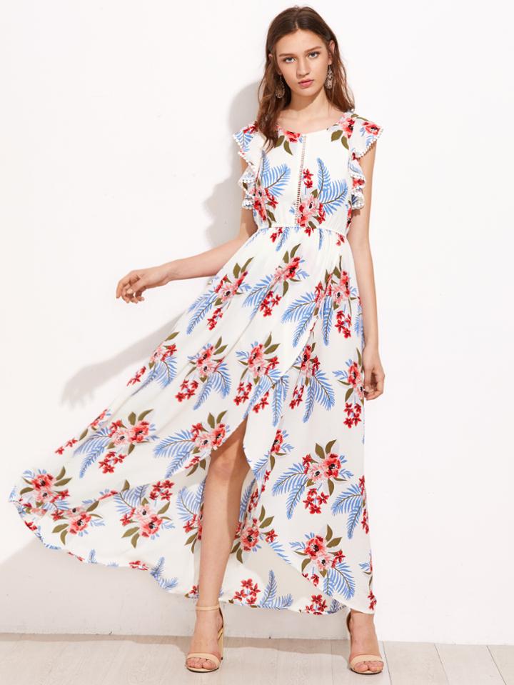 Shein Dotted Crochet Trim Flutter Sleeve Overlap Dress