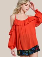 Shein Ruffle Cold Shoulder Bishop Sleeve Pinstripe Top