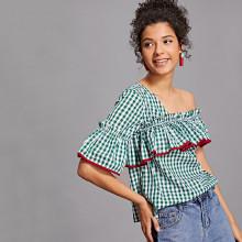 Shein One Shoulder Flounce Trim Plaid Top
