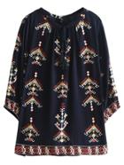 Shein Navy Tie Neck Split Side Embroidery Blouse