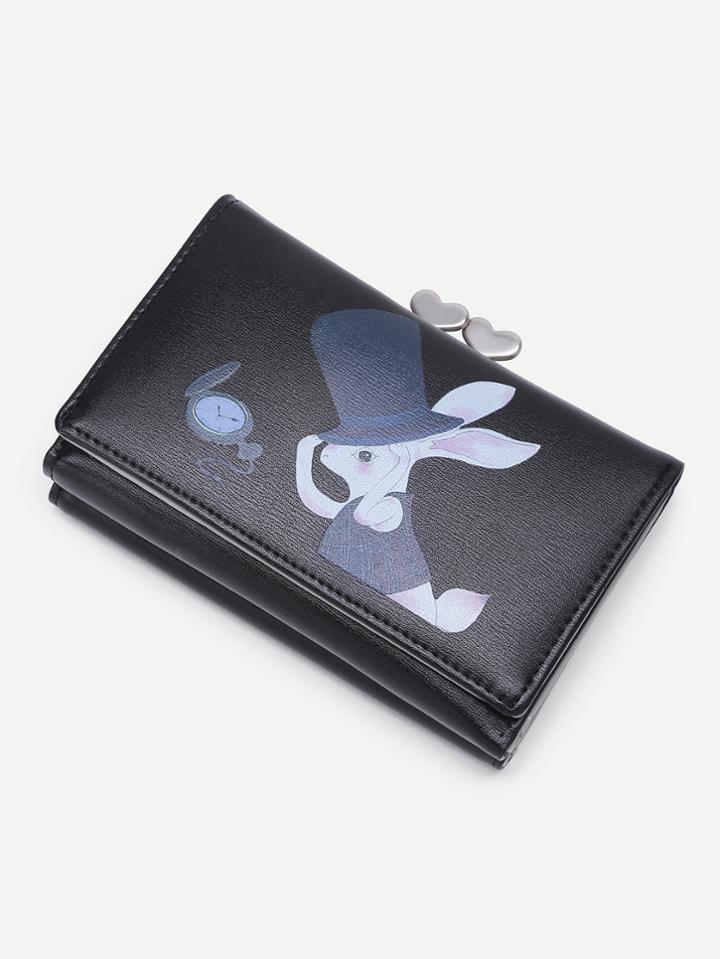 Shein Rabbit And Pocket Watch Print Heart Lock Wallet