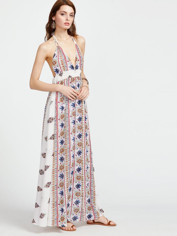 Shein Ethnic Print Plunge Halter Backless Smocked Waist Dress