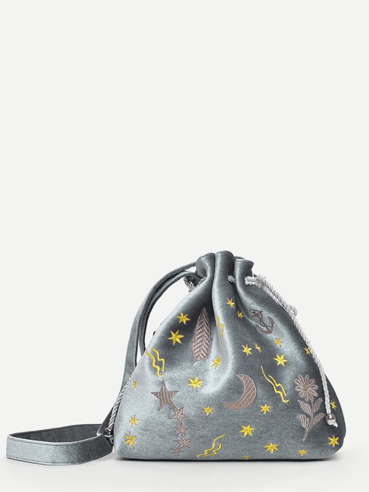Shein Embroidered Detail Drawstring Bucket Bag