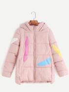 Shein Pink Random Print Zipper Hooded Padded Coat
