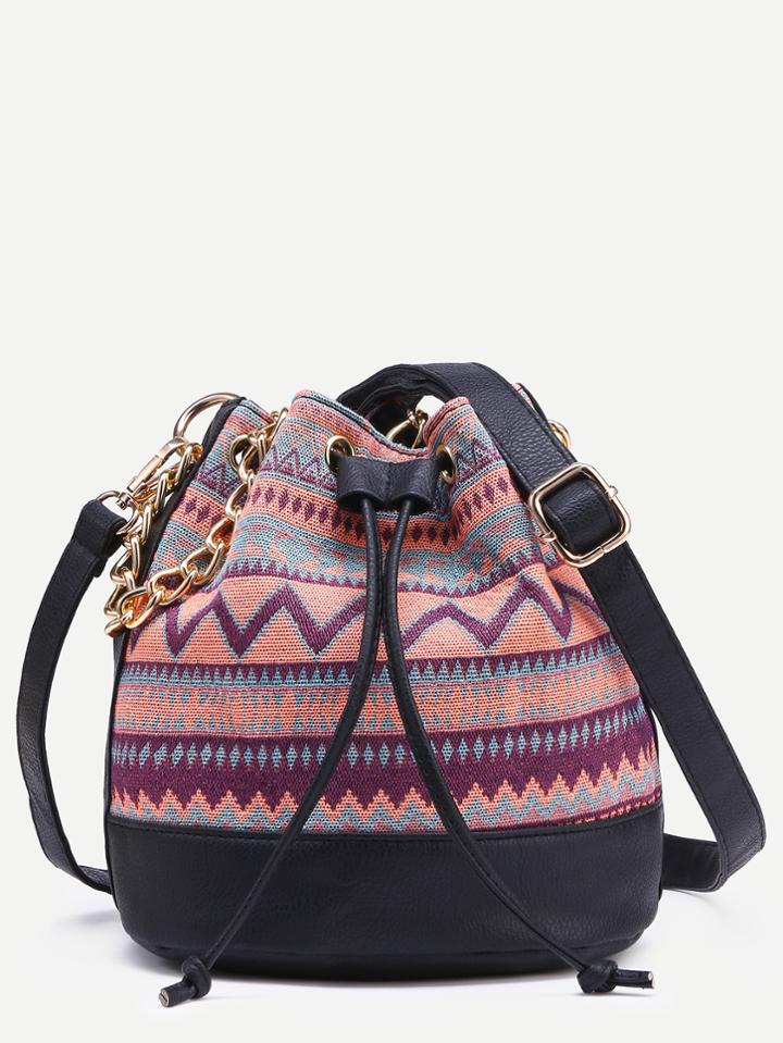 Shein Pink Tribal Print Drawstring Bucket Bag With Chain